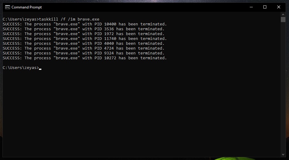 force quitting an app in Windows using taskkill command
