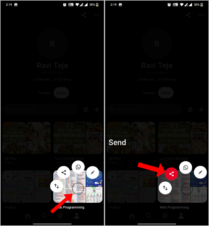 Pinterest Gesture Share option on Mobile