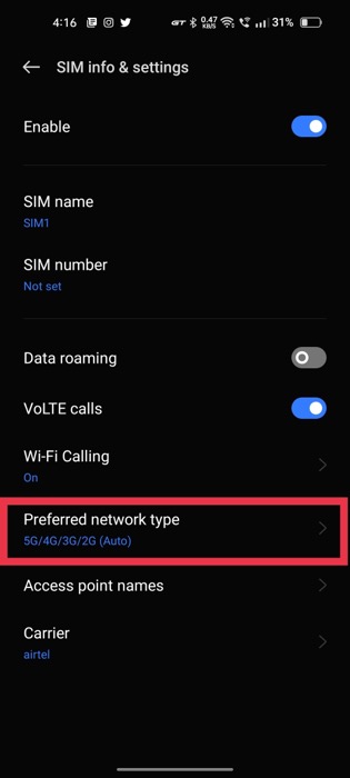 Preffered network type android