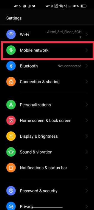 network settings android