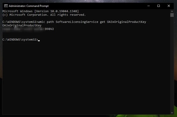 find Windows 10 product key using Command Prompt