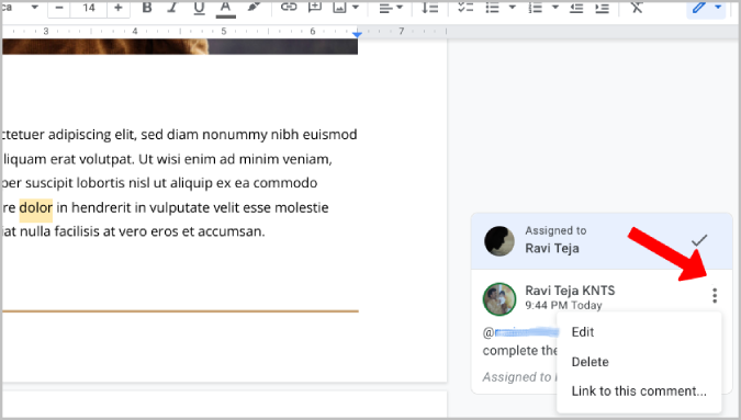 threedot menu to a google docs comment