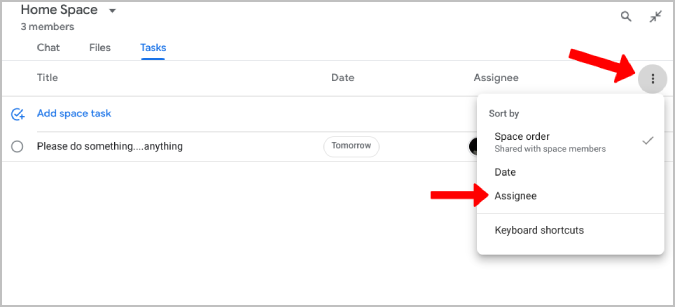 sorting with assignee option on Google chat