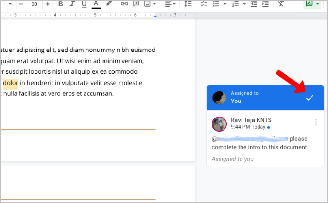 Checkmark to complete the task on Google docs