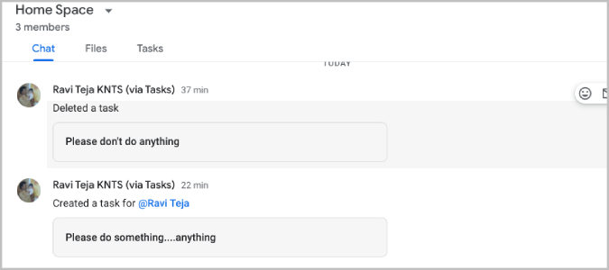 Tasks activity on Google chat