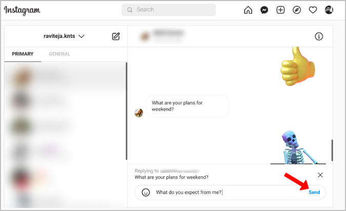 Sending a reply message on Instagram