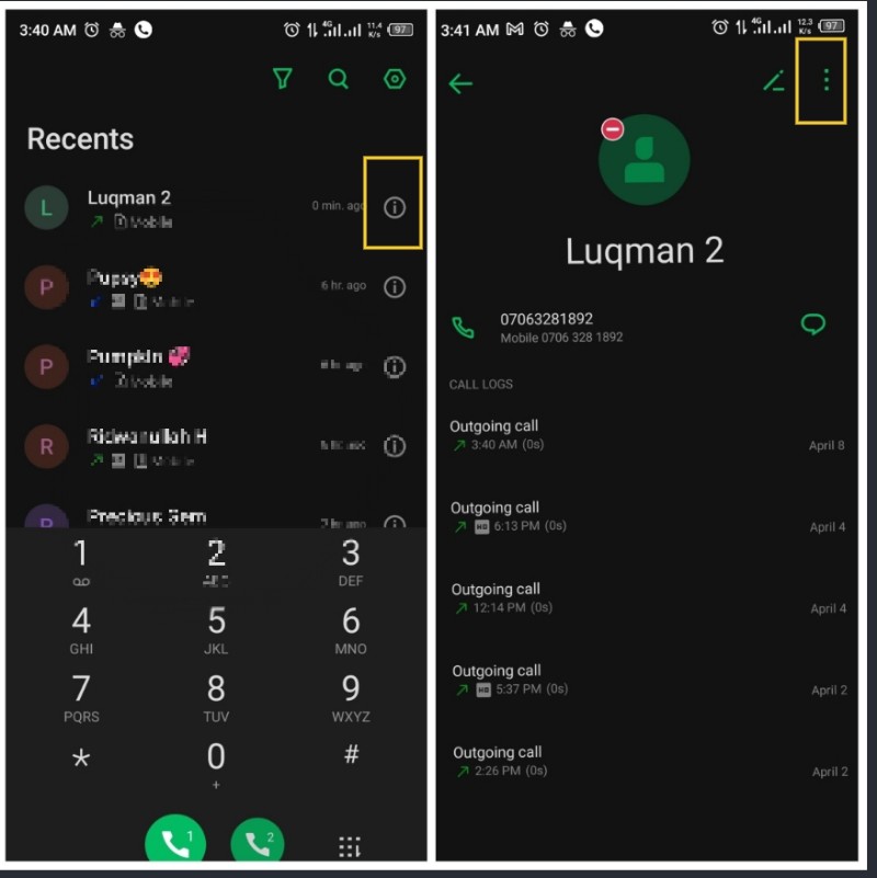 Unblock a number on Android via call details 