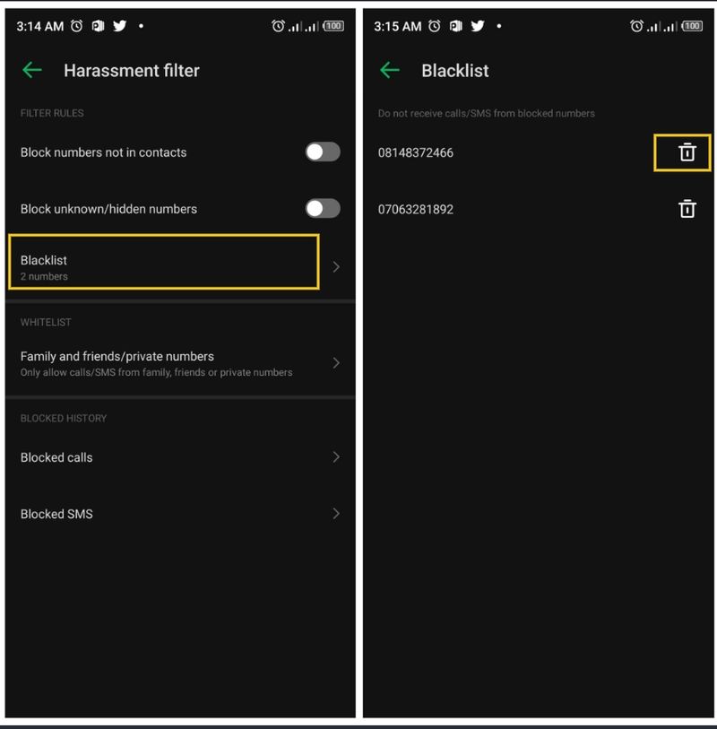 Unblock a number on Android by deleting from blacklist