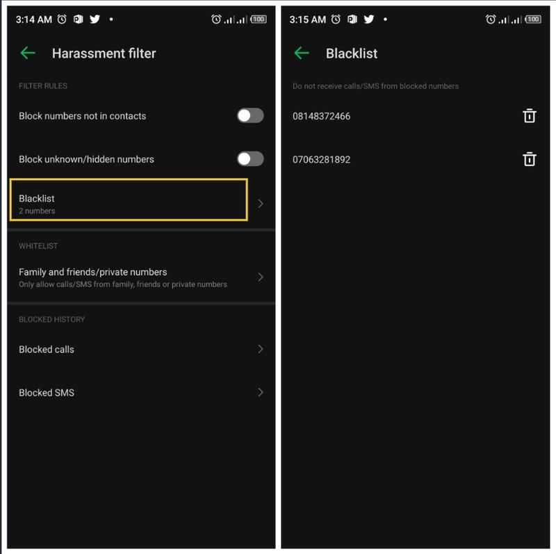 Unblock a number on Android blacklist