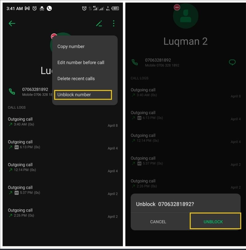 Unblock a number on Android via call log