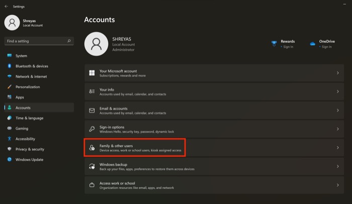 Family and other accounts Windows 11