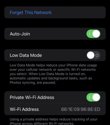 disabling Wi-Fi address on iPhone