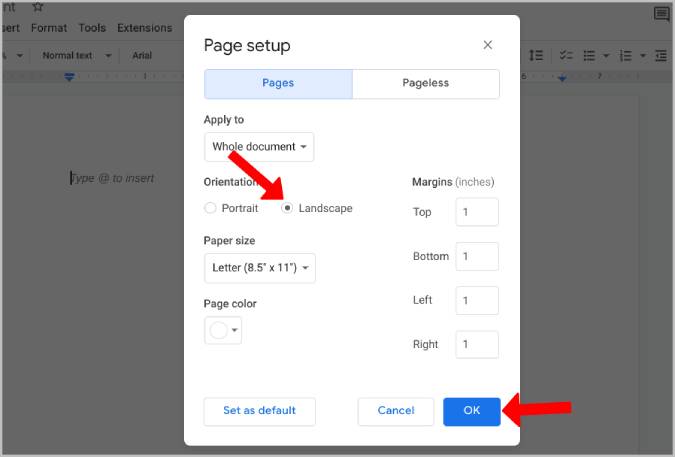 Page setup to Landscape on Google Docs