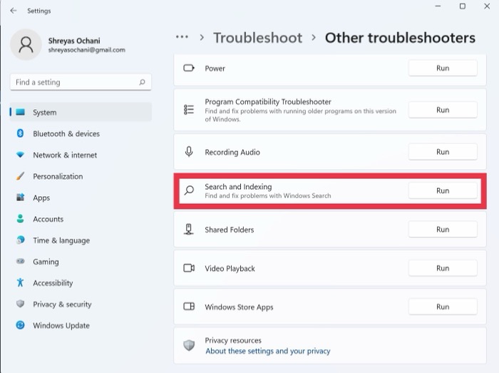 Windows 11 indexing troubleshooter