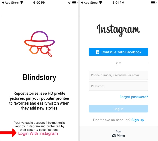 Blindstory Login with Instagram