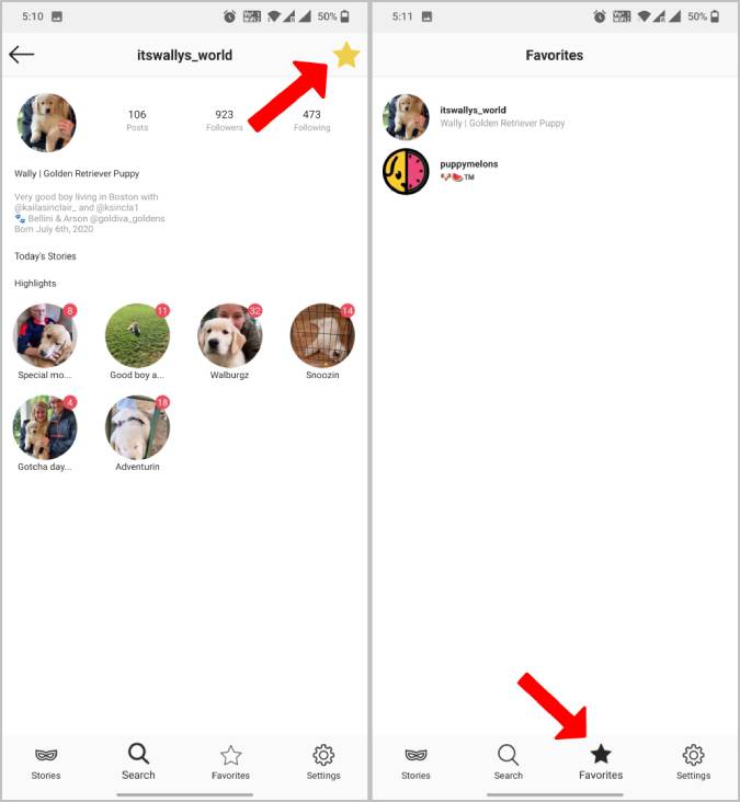 silent stories Instagram app favorite tab