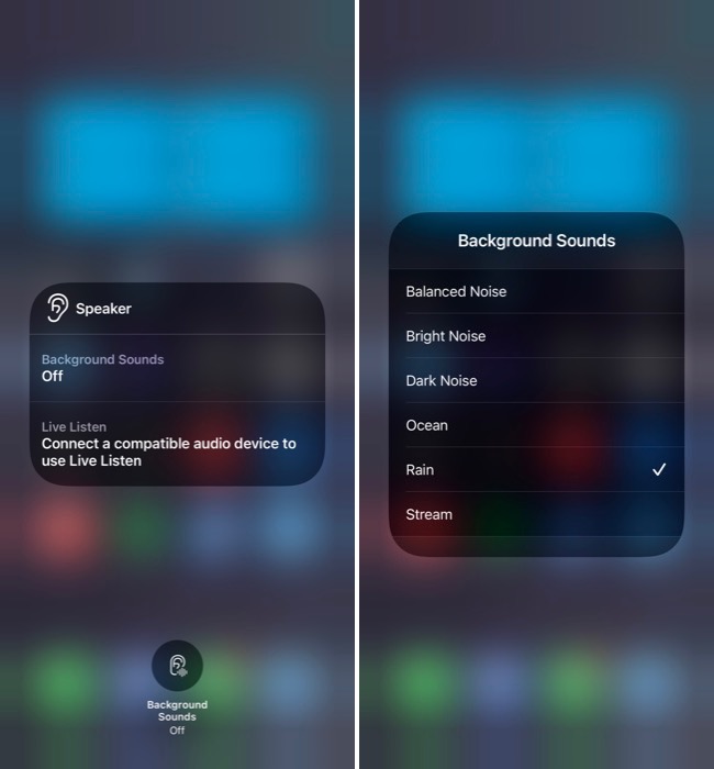 enabling background sounds via control center