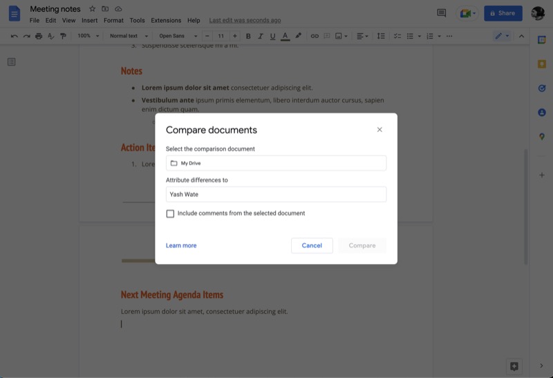 google docs document comparison