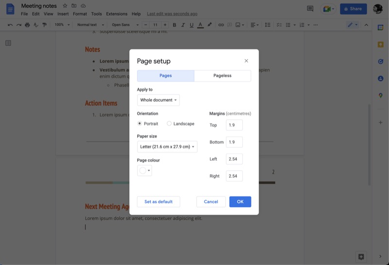 google docs page setup settings