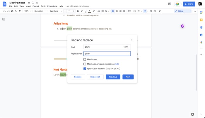 google docs find and replace