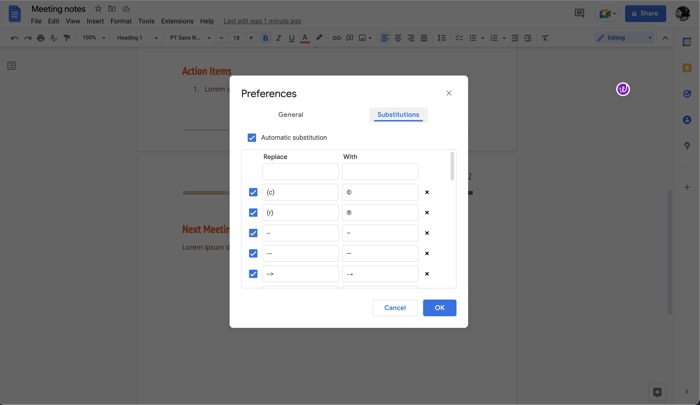 google docs substitution