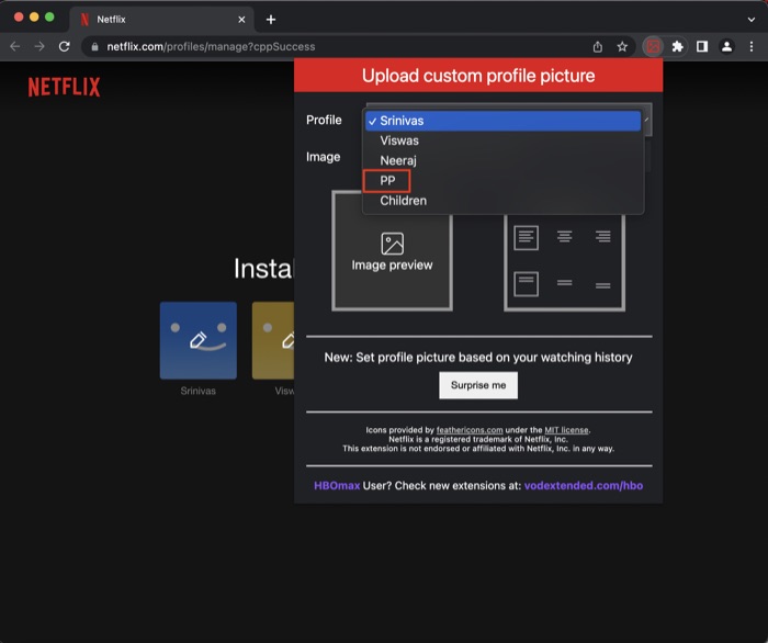 Custom Netflix profile picture extension