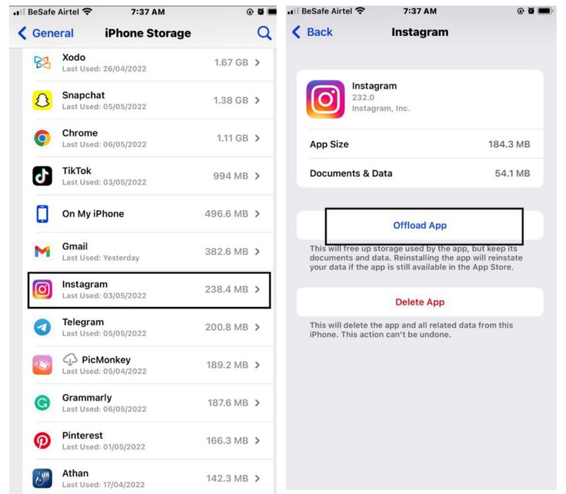 Offload Instagram to fix Instagram isn't working issue