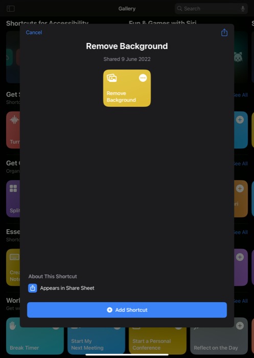 adding remove background shortcut to shortcuts gallery