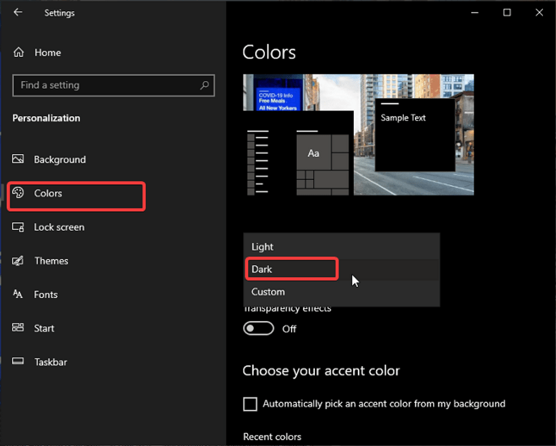 Enable dark mode in windows 10