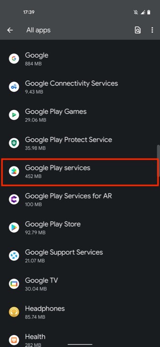 selecting google play services from app list