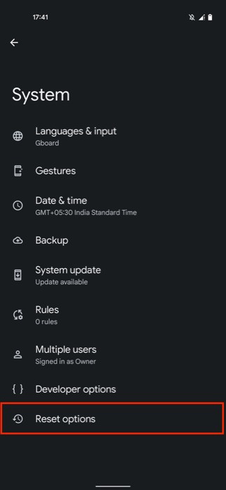 reset options in settings