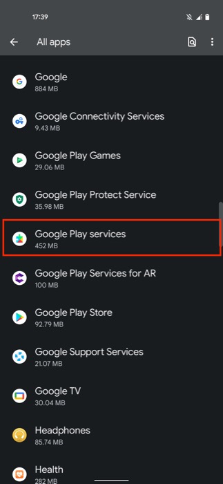 selecting play services from the app list