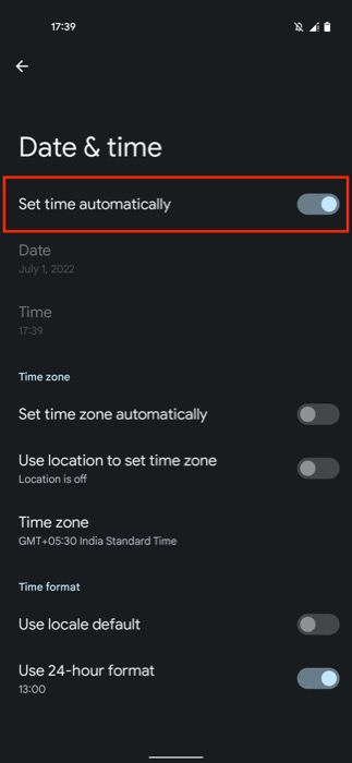 toggling the set time automatically option