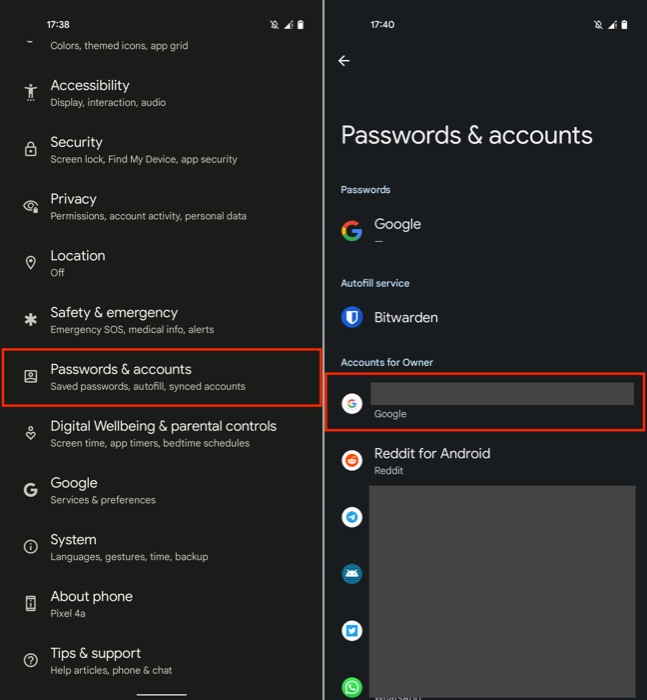 selecting google account in settings