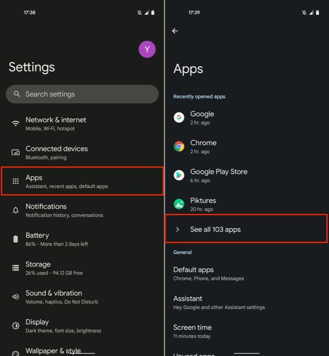 selecting apps in settings