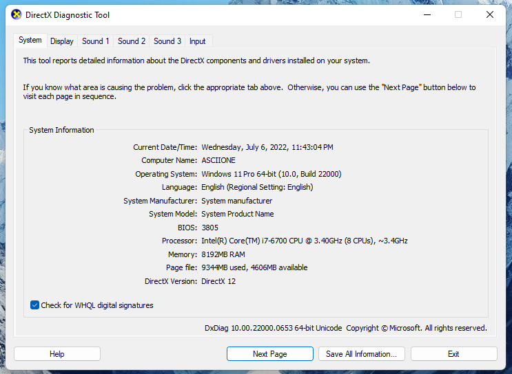 Windows 11 DirectX Diagnostic Tool dialog box