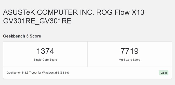 asus rog flow x13 geekbench