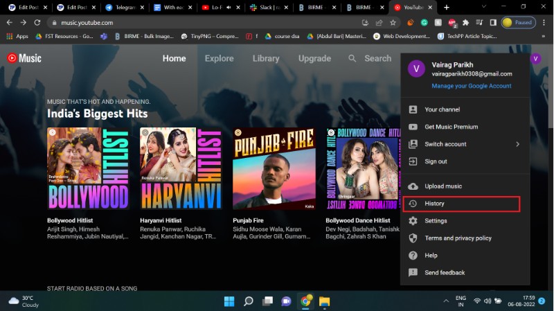 how to view history on youtube music
