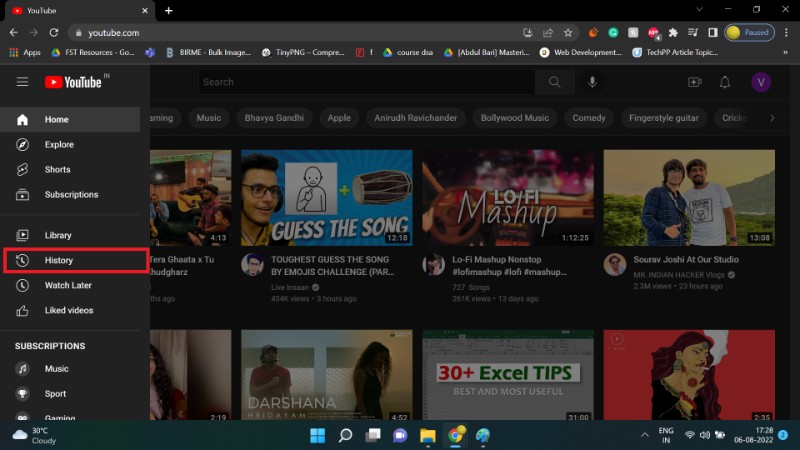 view and delete watch youtube history on windows step 2