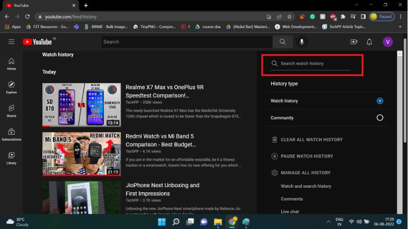 view and delete watch youtube history on windows search option