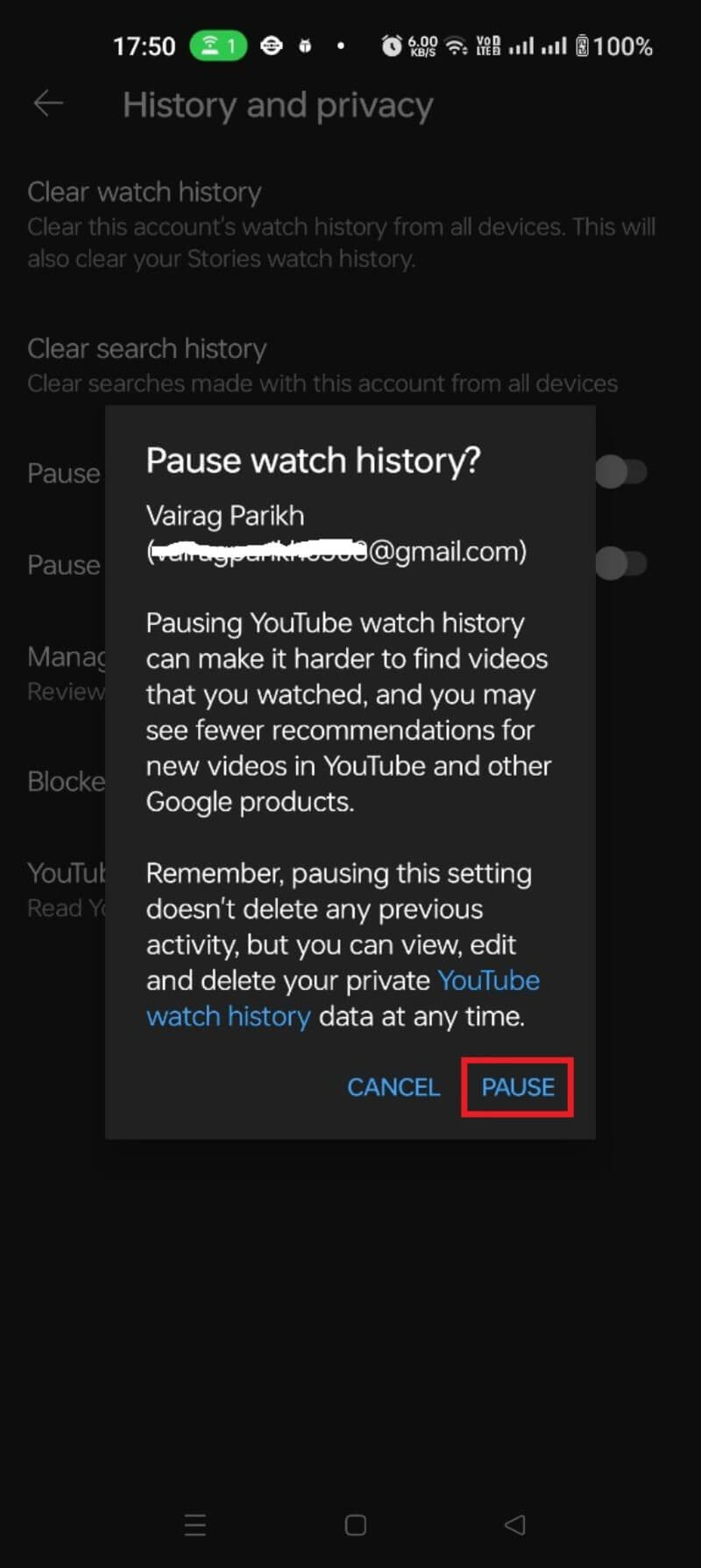 how to pause Youtube watch history step 5