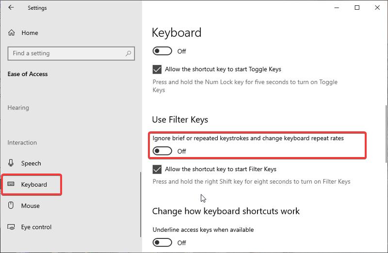 Enable or disable Filter keys 