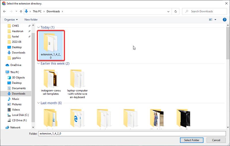 Select extracted file to add the extension to Chrome 