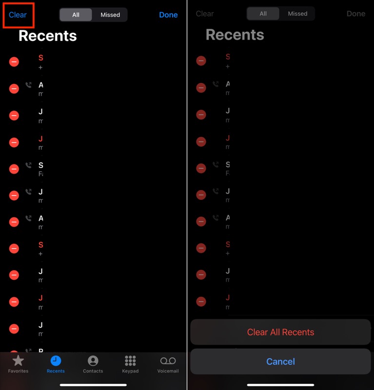 clear recent call log on iphone
