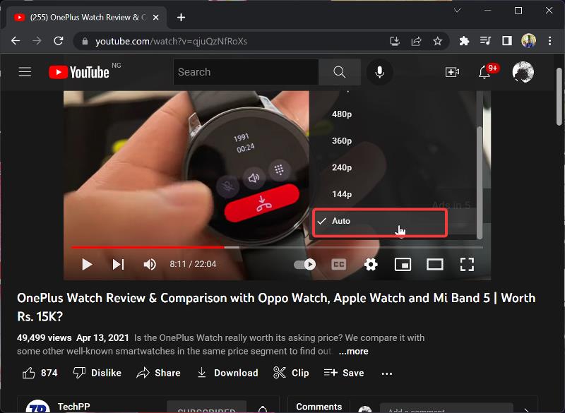 Set YouTube quality to Auto