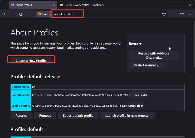 Create new Firefox profile