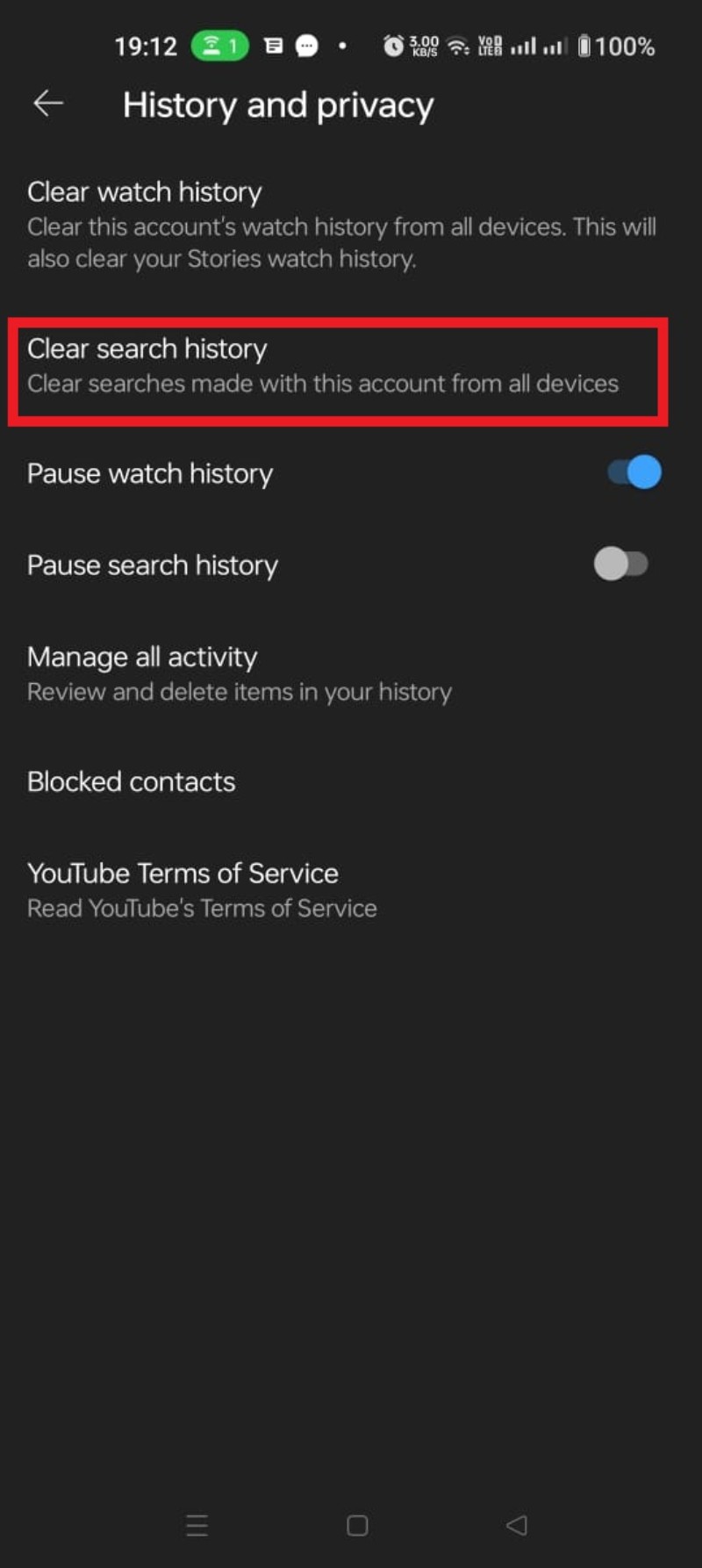 how to delete YouTube search history on Android step 4