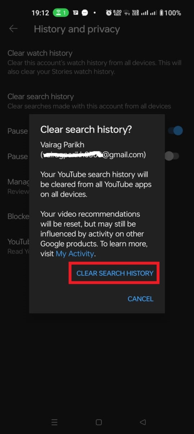 how to delete YouTube search history on Android step 5