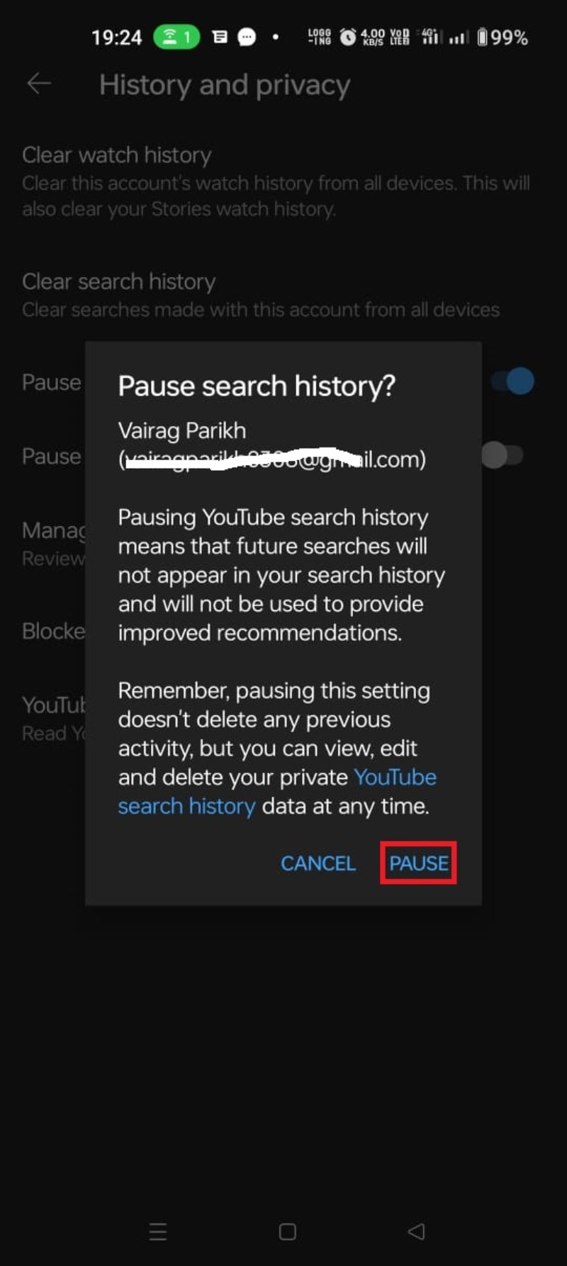 how to pause YouTube search history step 5