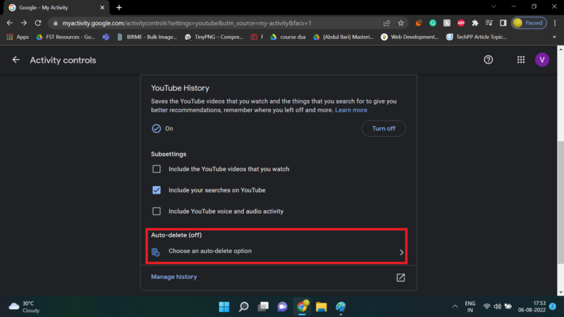 how to auto-delete Youtube Search history step 2